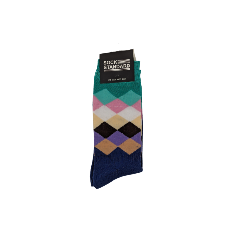 Sock Standard - Blue With Multicoloured Diamonds