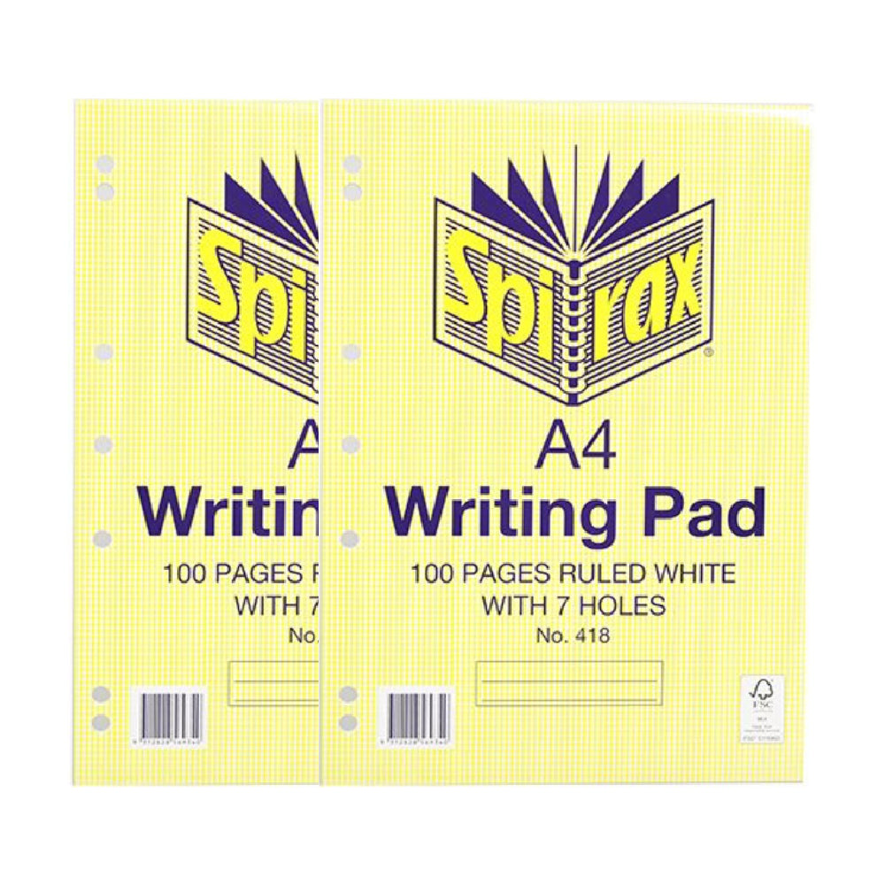2 Pack x Spirax A4 418 Writing Pad With 7 Holes 100 Pages