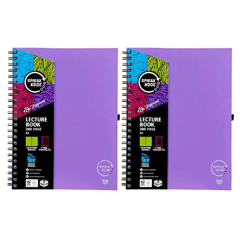 2 Pack x Spirax Kode A4 Purple Lecture Book With Pen Holder 140 Page