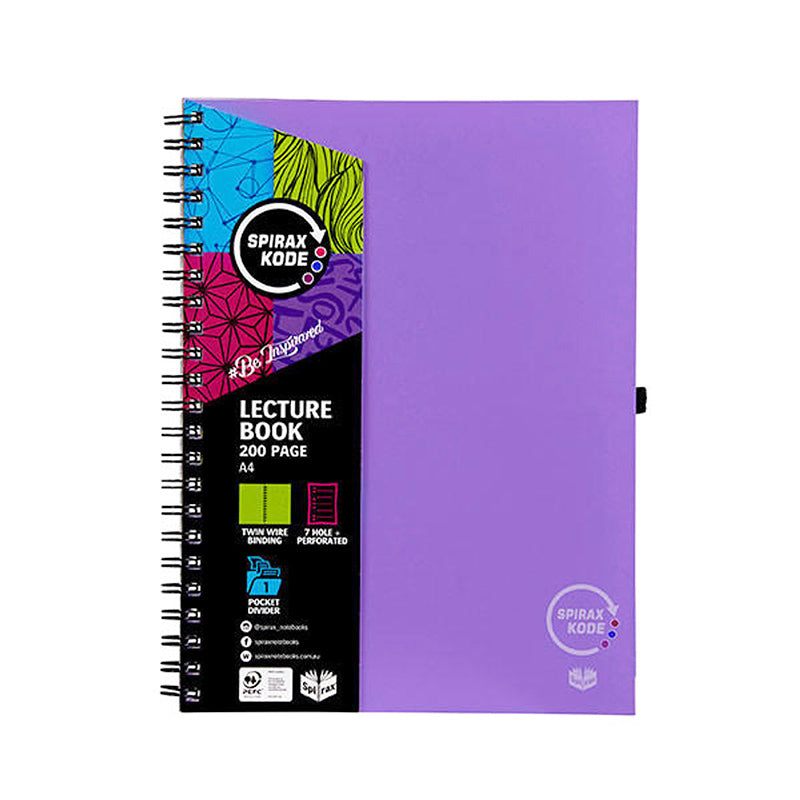 2 Pack x Spirax Kode A4 Purple Lecture Book With Pen Holder 140 Page
