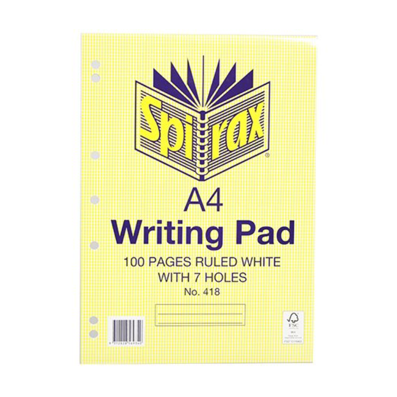 2 Pack x Spirax A4 418 Writing Pad With 7 Holes 100 Pages