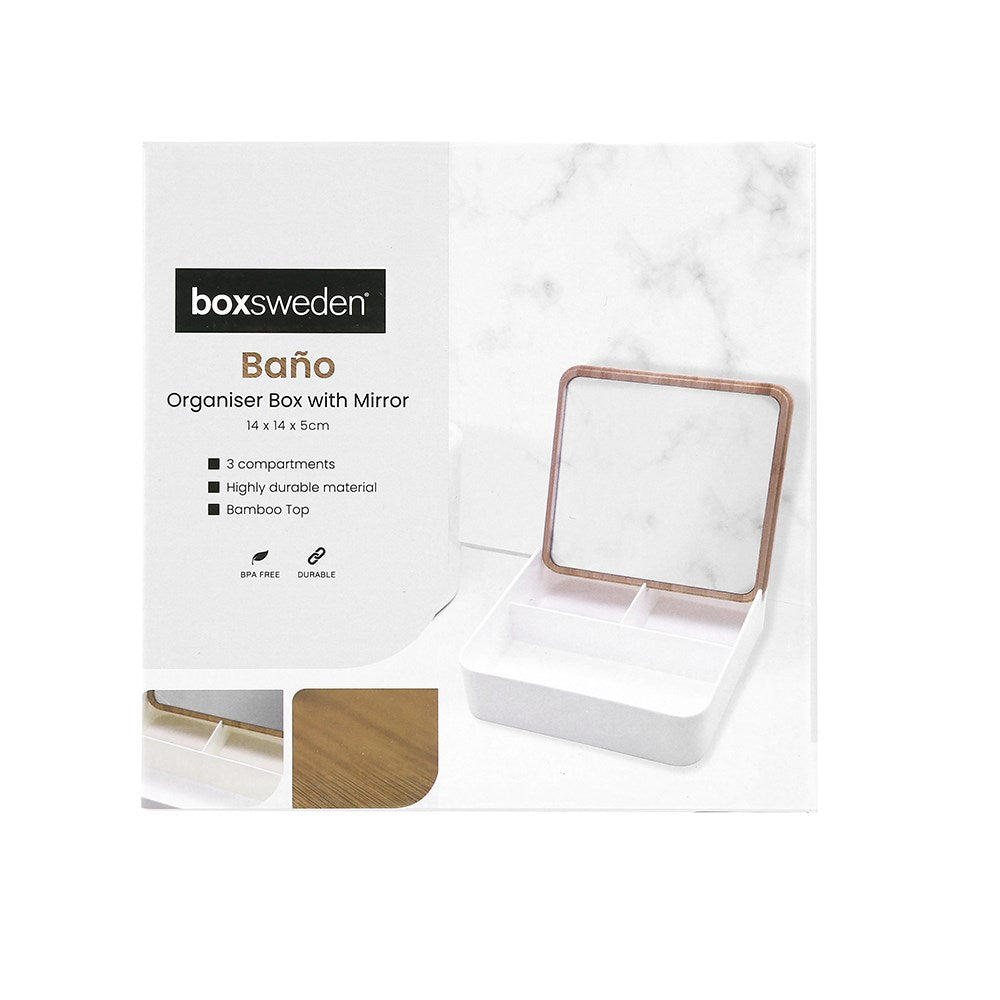 Boxsweden Bano Square Jewellery Organiser Box with Mirror Top - 14x14x5cm