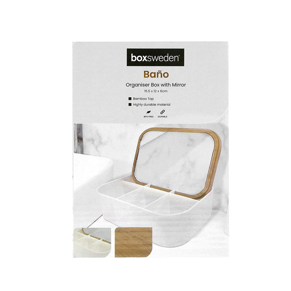 Boxsweden Bano Rectangular Jewellery Organiser Box with Mirror Top - 15.5x12x6cm