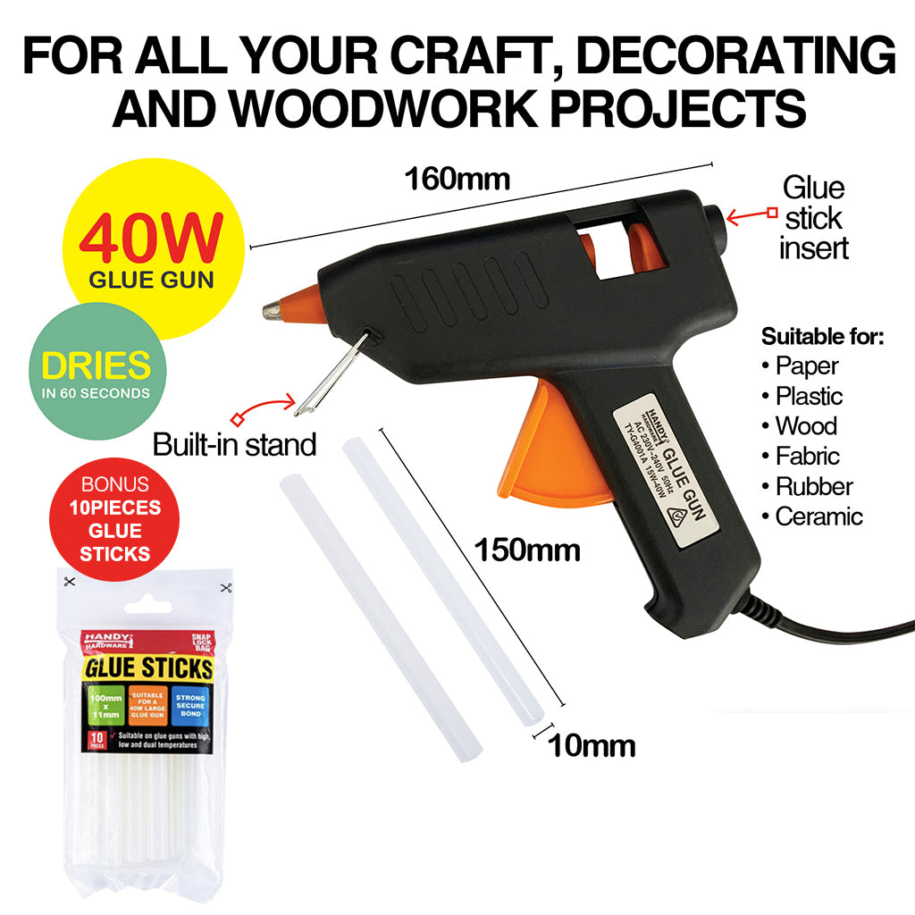 Handy Hardware Glue Gun 40w with 2 Glue Sticks + Bonus 10 Glue Sticks