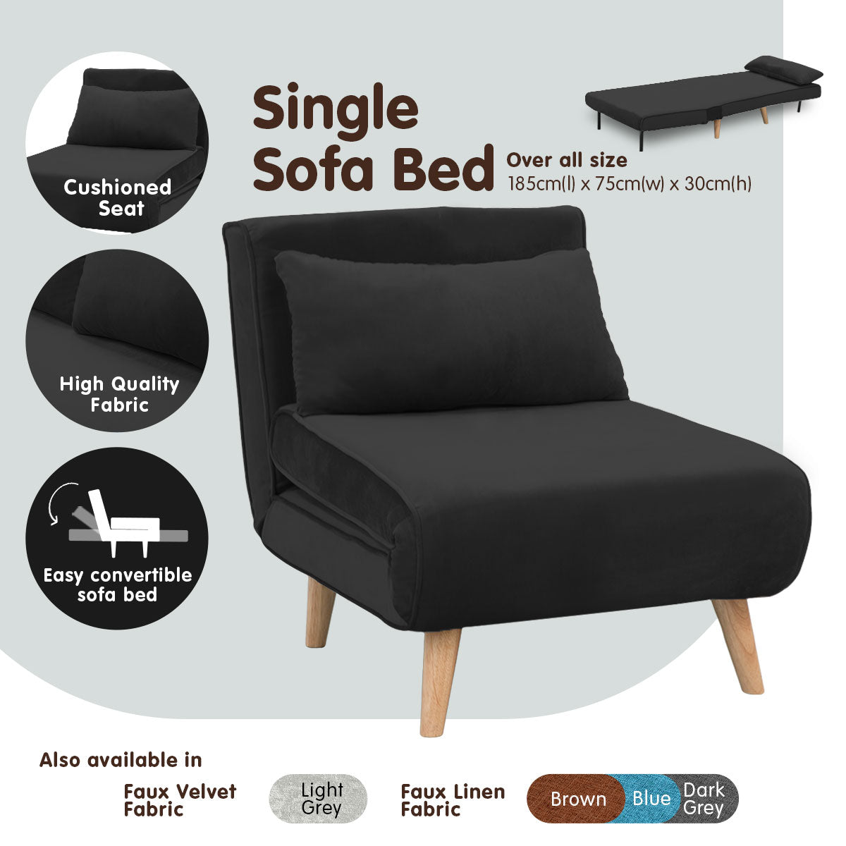 Sarantino Adjustable Chair Single Sofa Bed Faux Velvet - Black