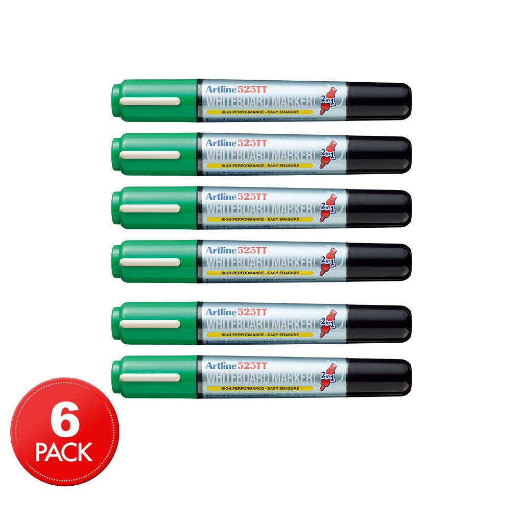 6 x Artline 525TT Dual Nib Whiteboard Marker - Green/Black