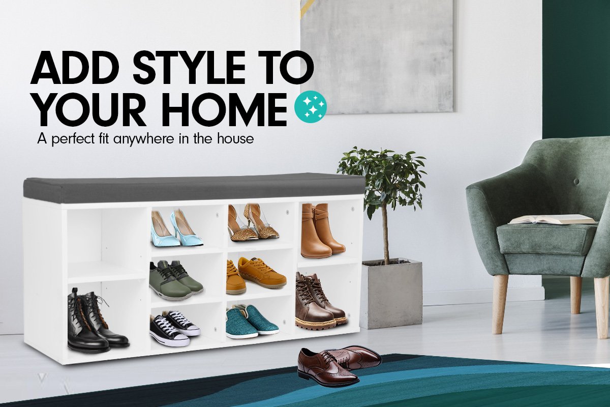 Shoe Rack Cabinet Organiser Grey Cushion - 104 x 30 x 45 - White