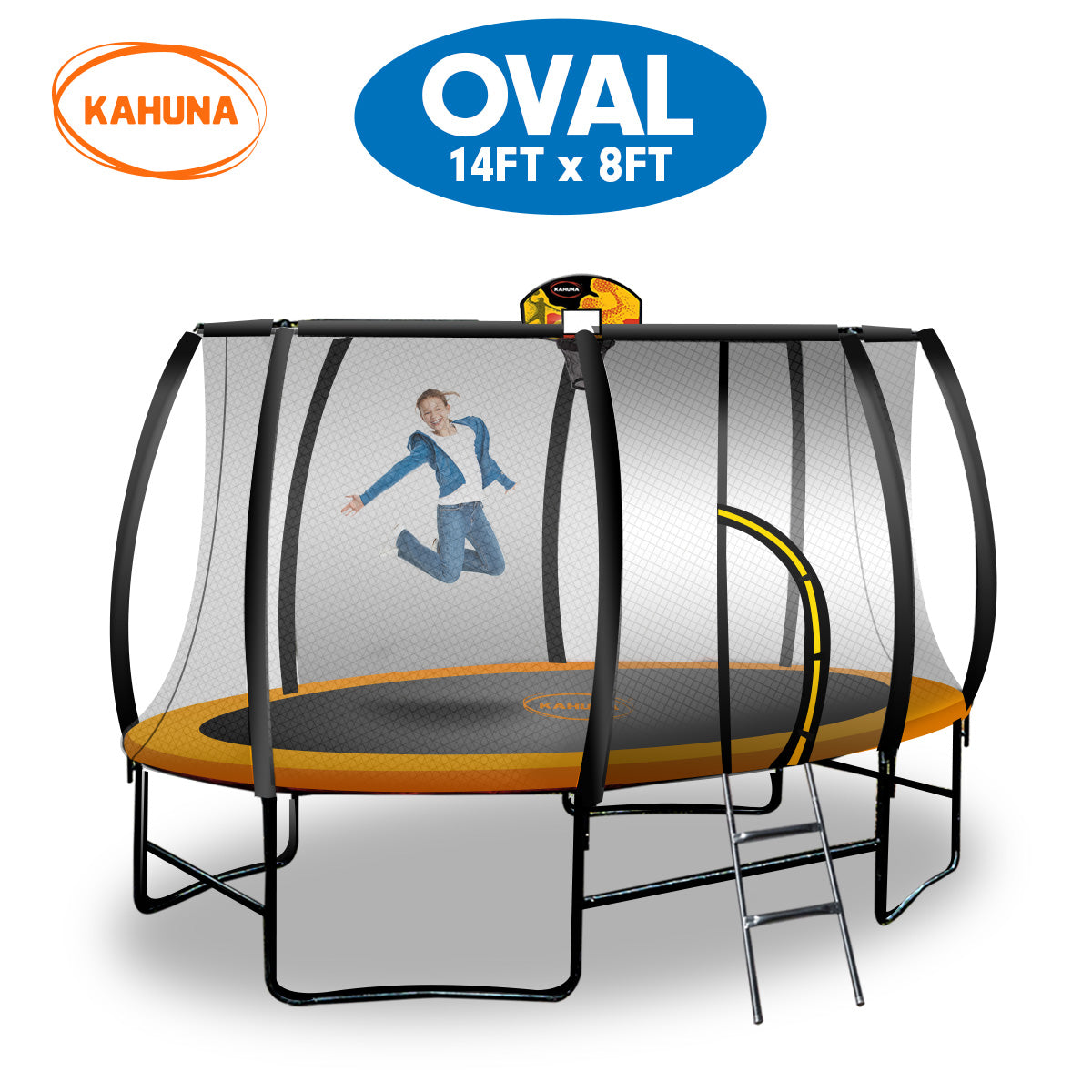 Kahuna Trampoline 8 ft x 14ft Oval with Basketball Set - Orange