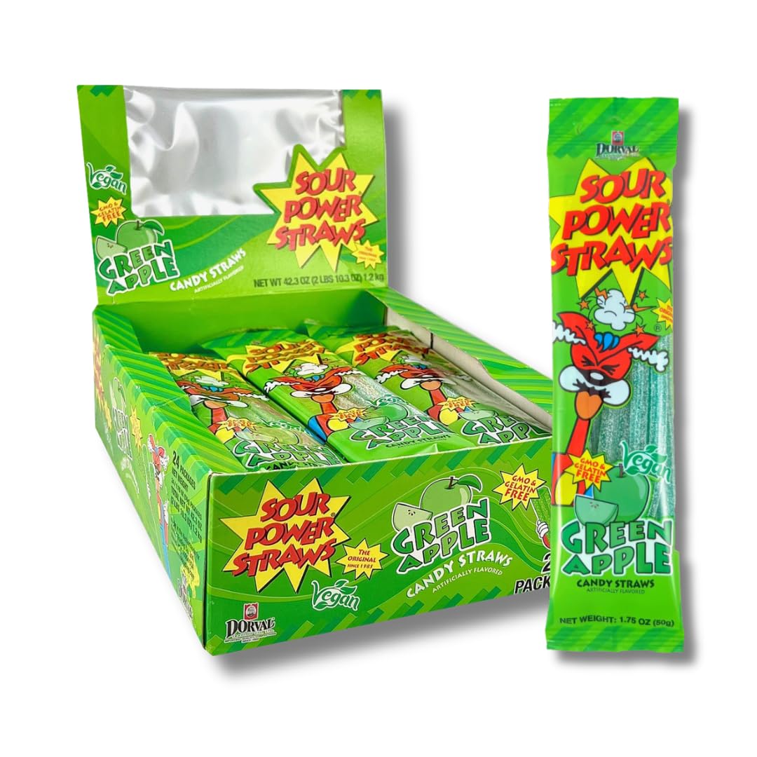 24 x Sour Power Straws Green Apple 50g