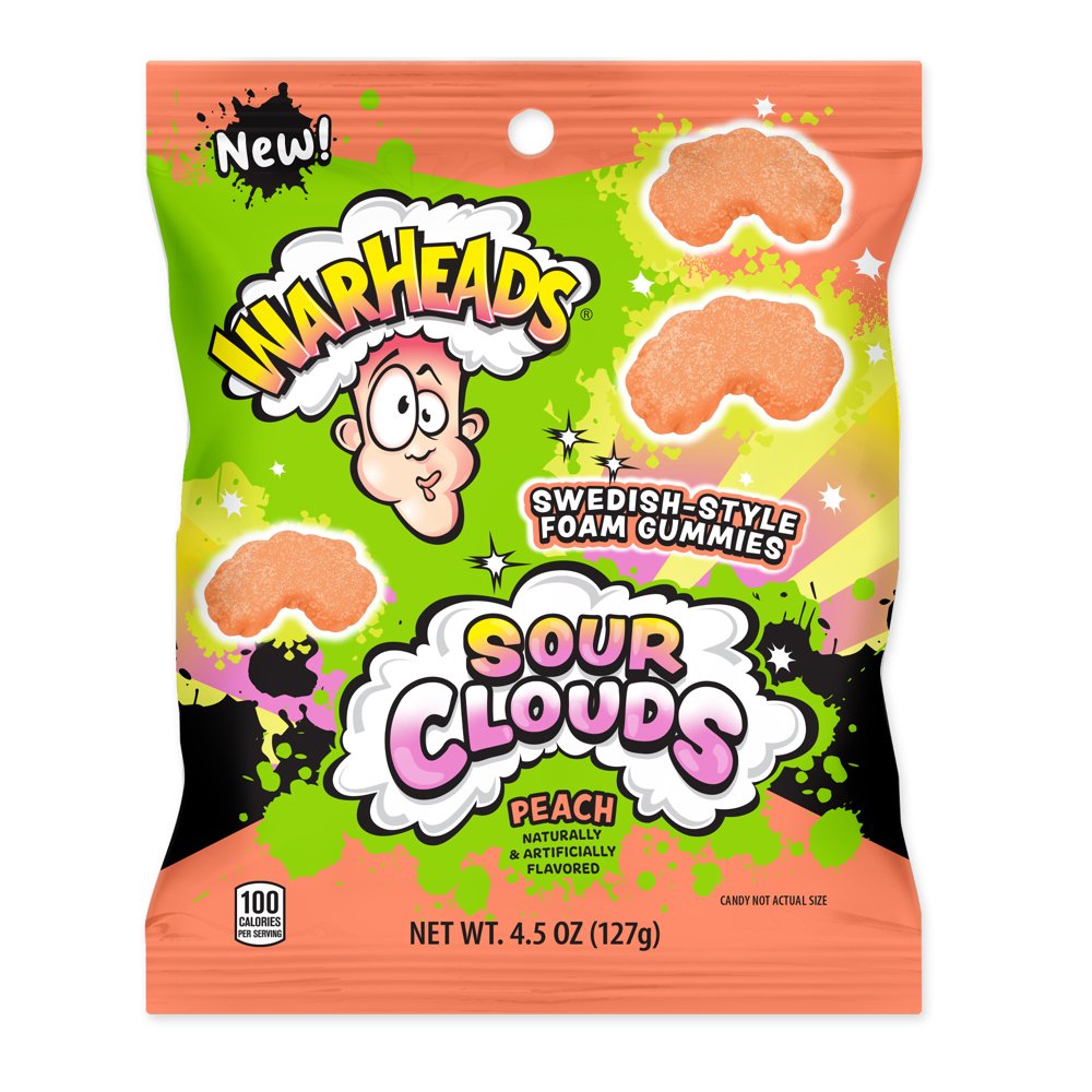 12 x Warheads Sour Clouds Peg Bag Peach 128g