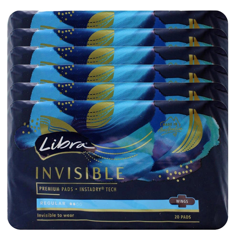 6 Pack x Libra Invisible Premium Pads Regular With Wings 20pc