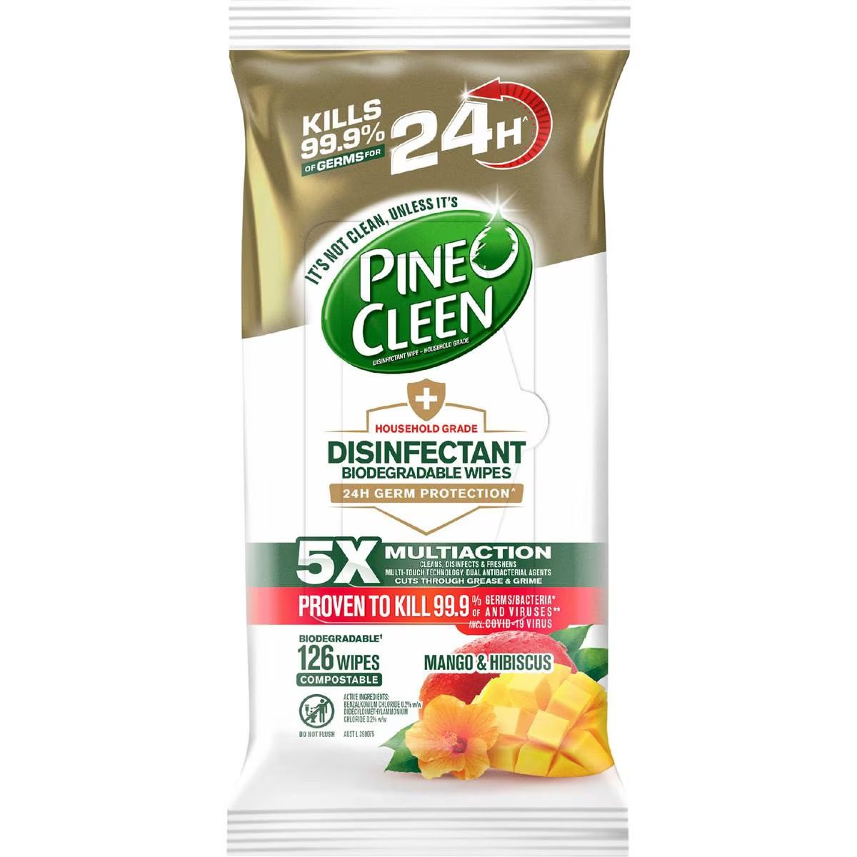 4 x Pine O Cleen Household Grade Wipes 24H Germ Protection Mango & Hibiscus PK126