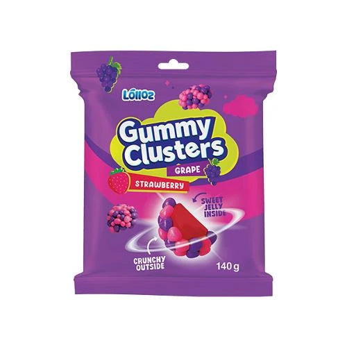 12 x Lolloz Gummy Clusters Strawberry Grape 140g