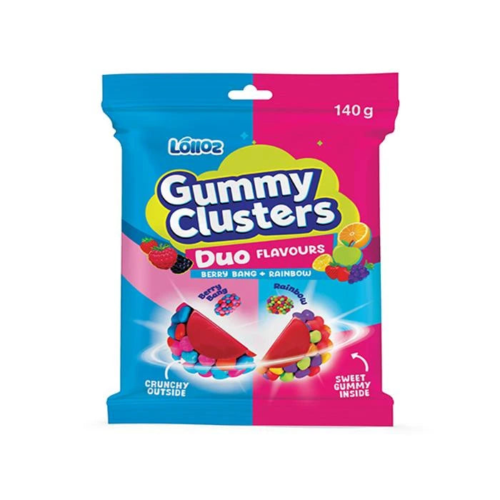 12 x Lolloz Gummy Clusters Duo Berry Bang + Rainbow 140g