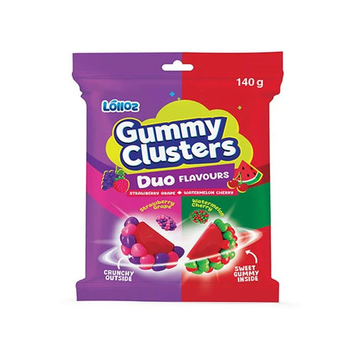 12 x Lolloz Gummy Clusters Duo Strawberry Grape + Watermelon Cherry 140g