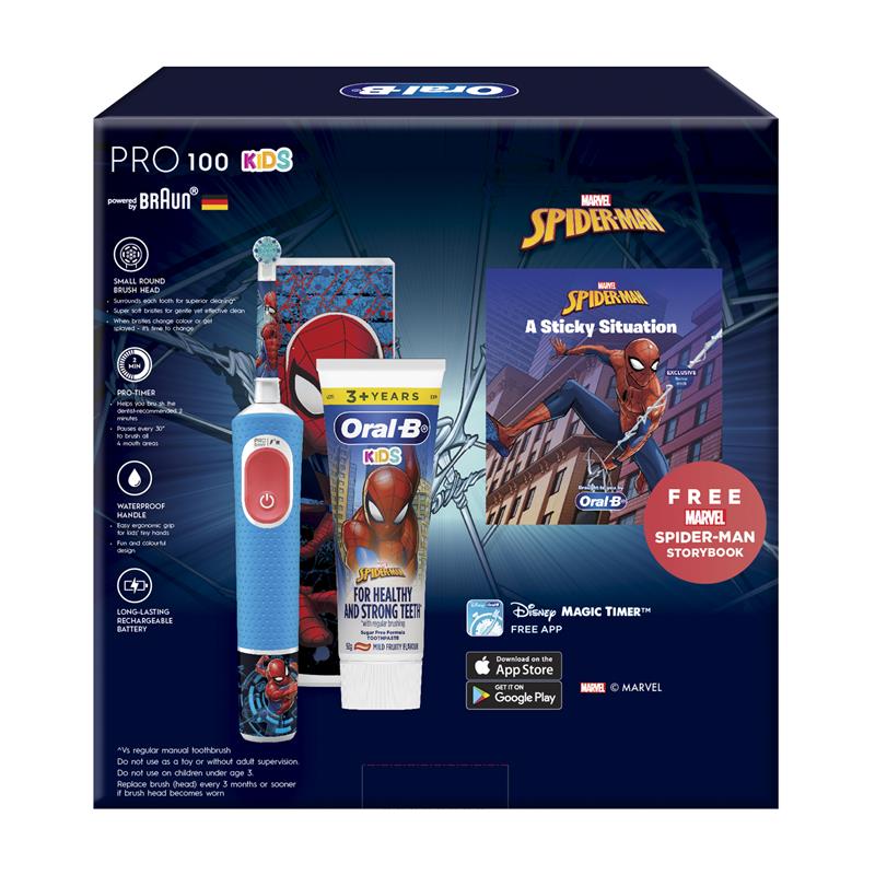 Oral B Limited Edition Disney Spiderman Toothbrush Pro 100 + Fruity Toothpaste + Book Gift Pack