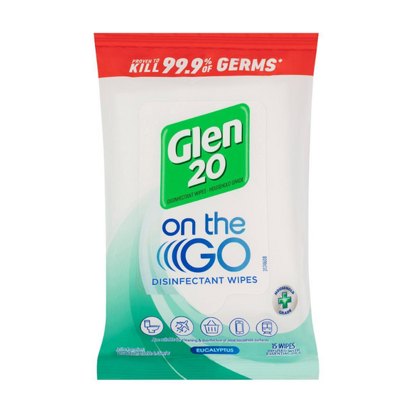 4 x Glen 20 On The Go Disinfectant Wipes Eucalyptus 15 Pack Smooth