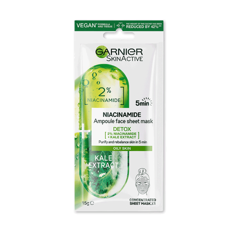 2 Pack x Garnier Skin Active Niacinamide Ampoule Face Sheet Mask Kale Extract - 15g