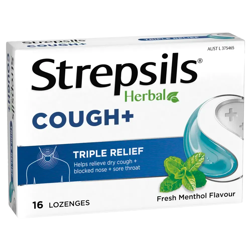 6 x Strepsils Lozenges Cough+ Herbal Triple Relief Fresh Menthol PK16