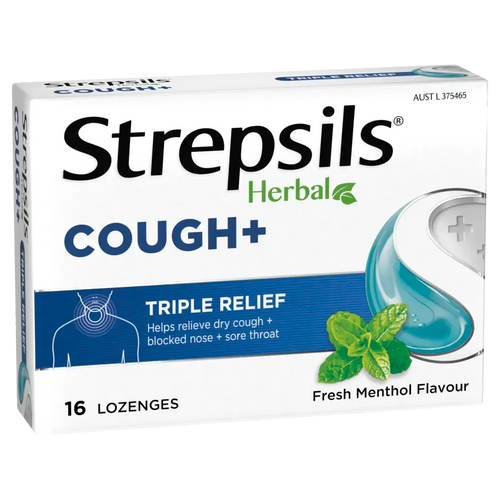 6 x Strepsils Lozenges Cough+ Herbal Triple Relief Fresh Menthol PK16