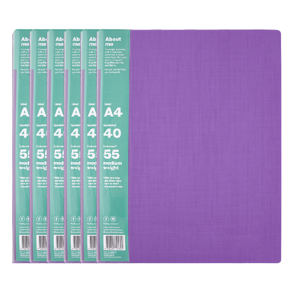 6 Pack x ColourHide A4 My Wingman Display Book Purple 40 Pockets