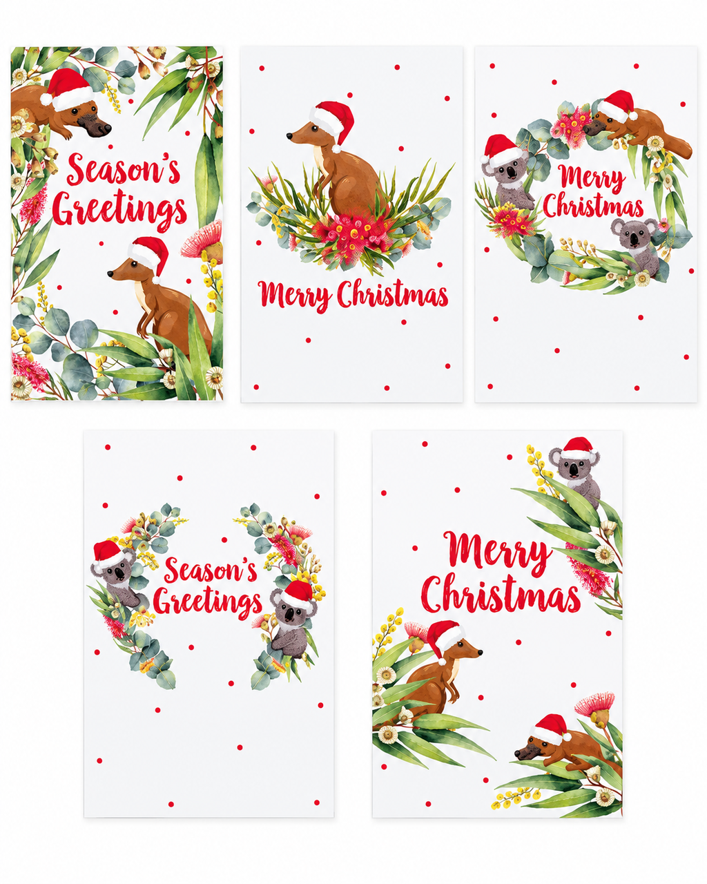 20 Australian Cute Christmas Cards & Envelopes (5 Designs)