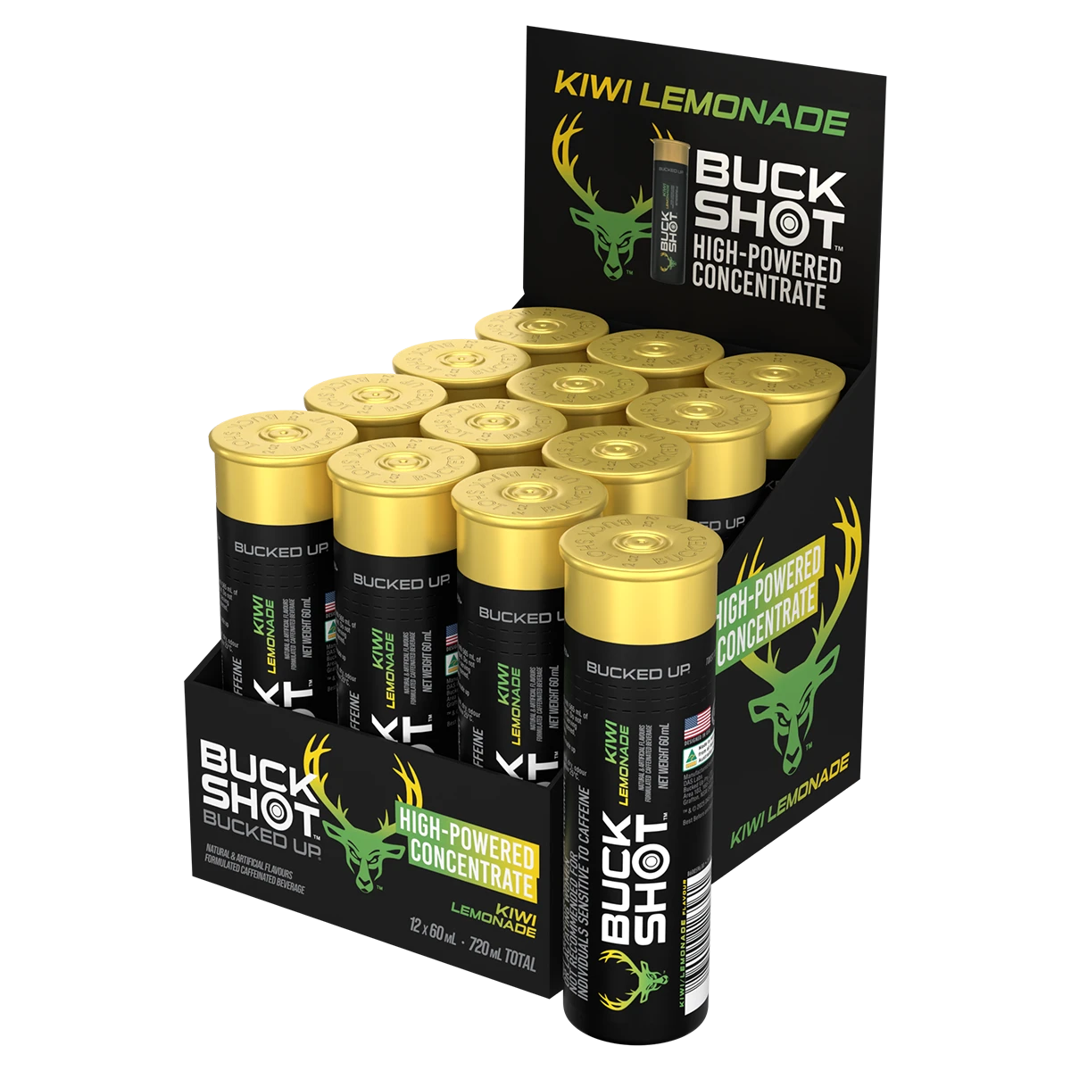 12 Pack x Bucked Up Buck Shots – Kiwi Lemonade 60ml Energy Shot