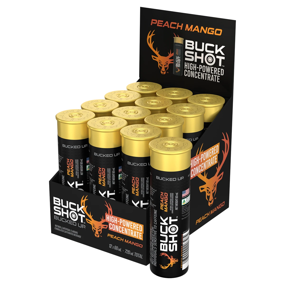 12 Pack x Bucked Up Buck Shots – Peach Mango 60ml Energy Shot
