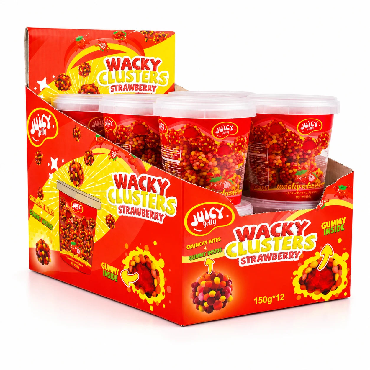 12 x Juicy Jelly Wacky Clusters Strawberry Tub 150g