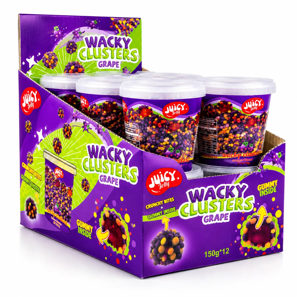 12 x Juicy Jelly Wacky Clusters Grape Tub 150g