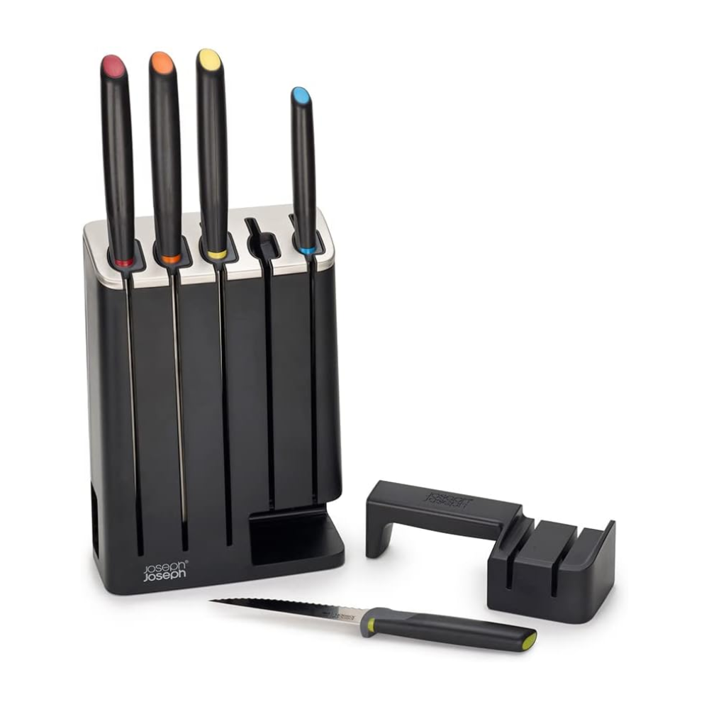 Joseph Joseph Elevate Knives SlimBlock Stainless Steel 5 Piece Kitchen Knife Block Set with ceramic sharpener – Black
