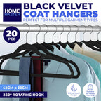 5 Pack x Home Master Black Velvet Coat Hangers Non-Slip Surface 45 Pack x 23cm (4pc)