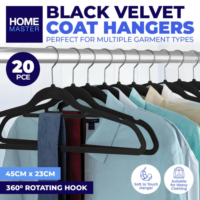 5 Pack x Home Master Black Velvet Coat Hangers Non-Slip Surface 45 Pack x 23cm (4pc)