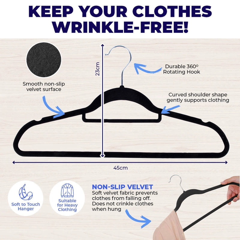 5 Pack x Home Master Black Velvet Coat Hangers Non-Slip Surface 45 Pack x 23cm (4pc)