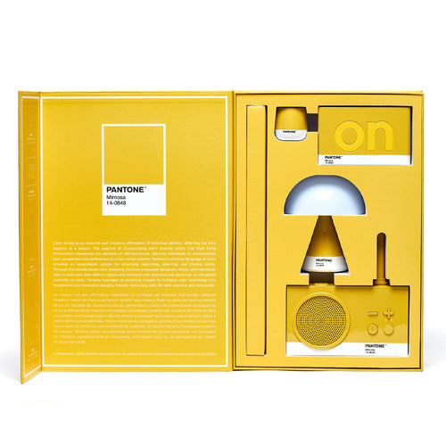 Lexon GIFT Set PANTONE - Includes Mino+ Mini Speaker, Flip Classic Clock, Mina M Lamp, Thykho 3  Speaker - Yellow