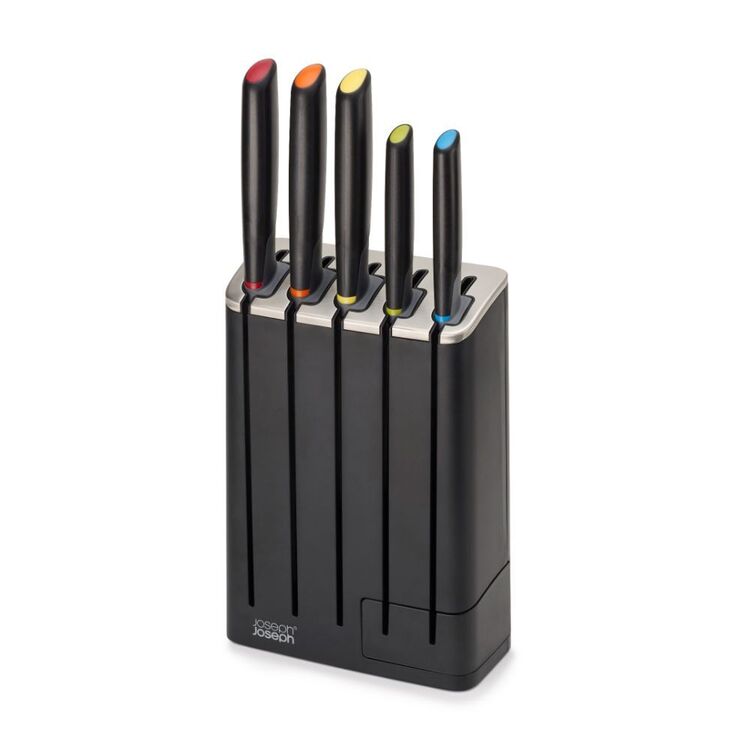 Joseph Joseph Elevate Knives SlimBlock Stainless Steel 5 Piece Kitchen Knife Block Set with ceramic sharpener – Black