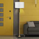 Sarantino Metal Floor Lamp in Brushed Brass Finish Black Linen Shade
