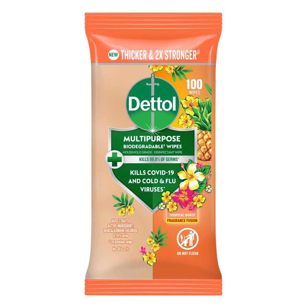 4 x Dettol Multipurpose Wipes Thicker & 2X Stronger Tropical Burst PK100