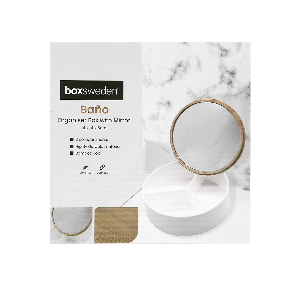 Boxsweden Bano Round Jewellery Organiser Box with Mirror Top - 14x14x5cm