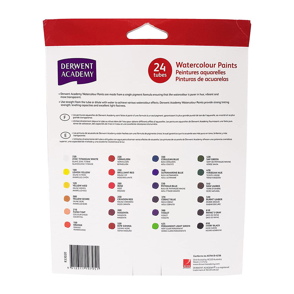 Derwent Academy Watercolour Paints 12ml - 24 Pack