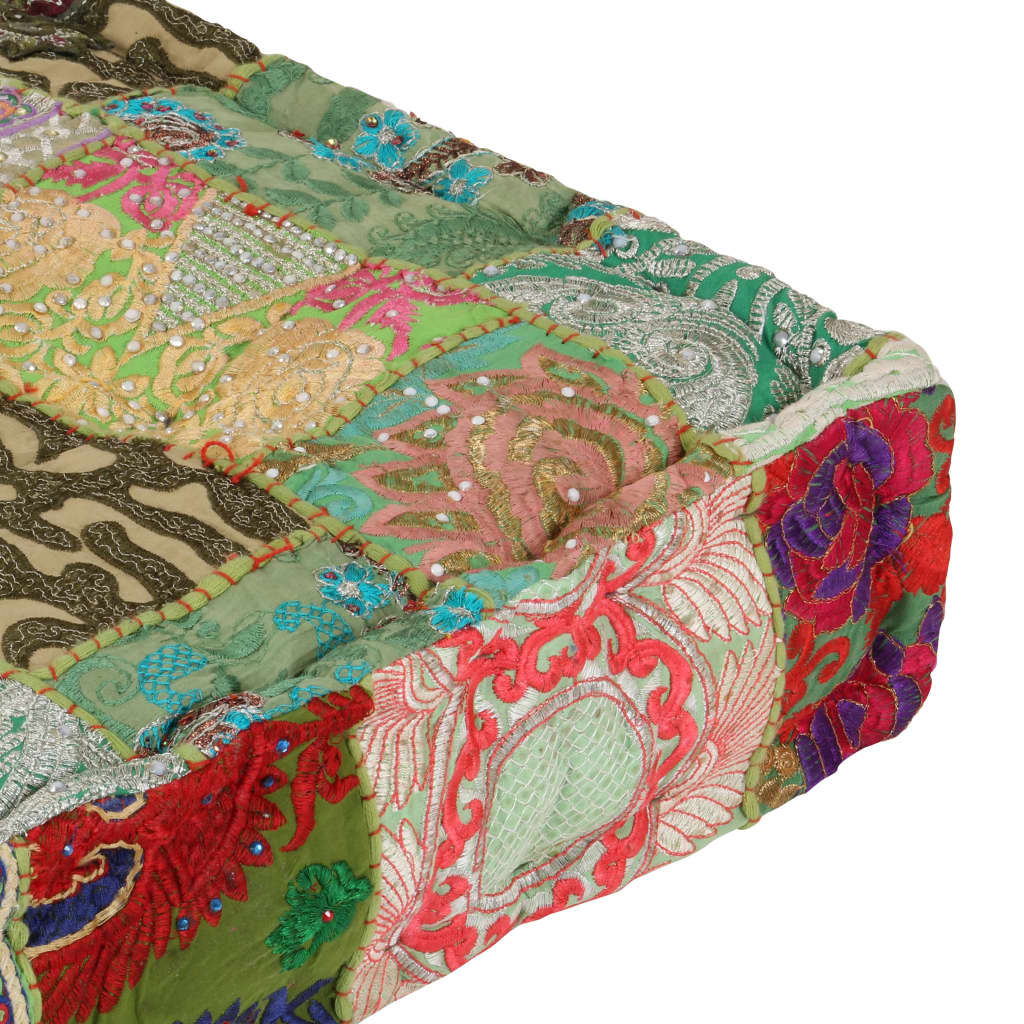Patchwork Pouffe Square Cotton Handmade 50x50x12 Cm Green
