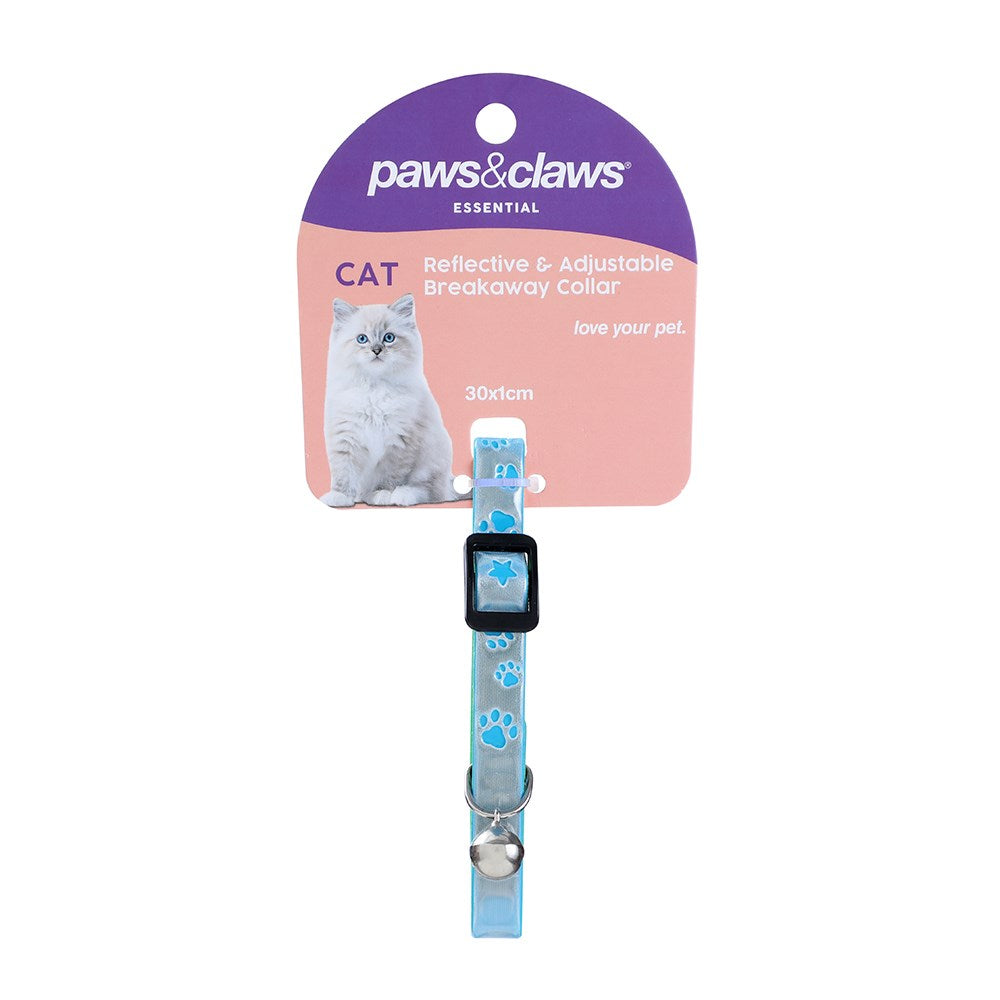 Paws & Claws Reflective Fluro & Adjustable Breakaway Cat Collar with Paw Design - 30x1cm