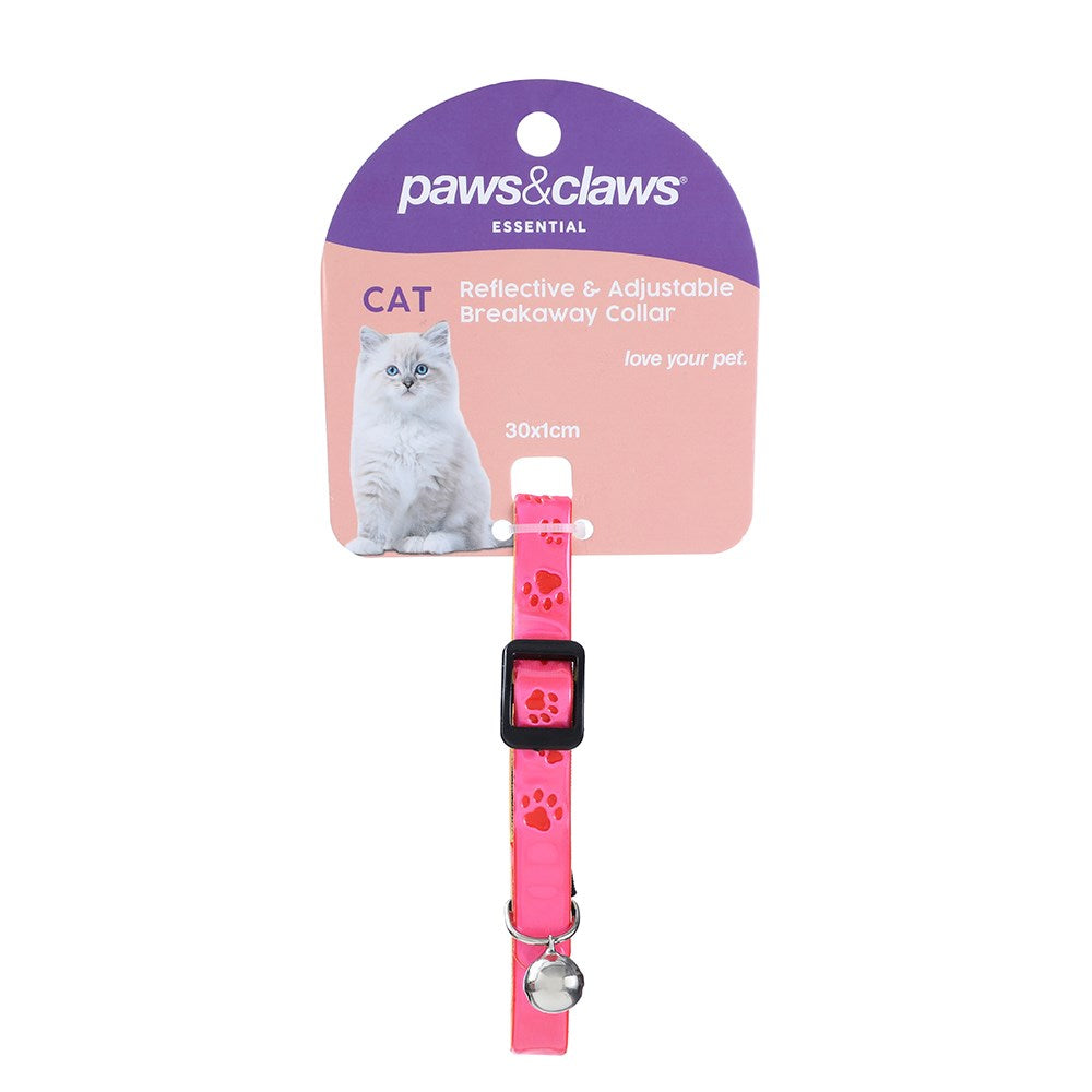 Paws & Claws Reflective Fluro & Adjustable Breakaway Cat Collar with Paw Design - 30x1cm