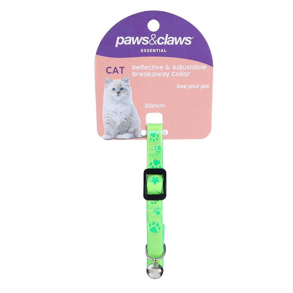 Paws & Claws Reflective Fluro & Adjustable Breakaway Cat Collar with Paw Design - 30x1cm
