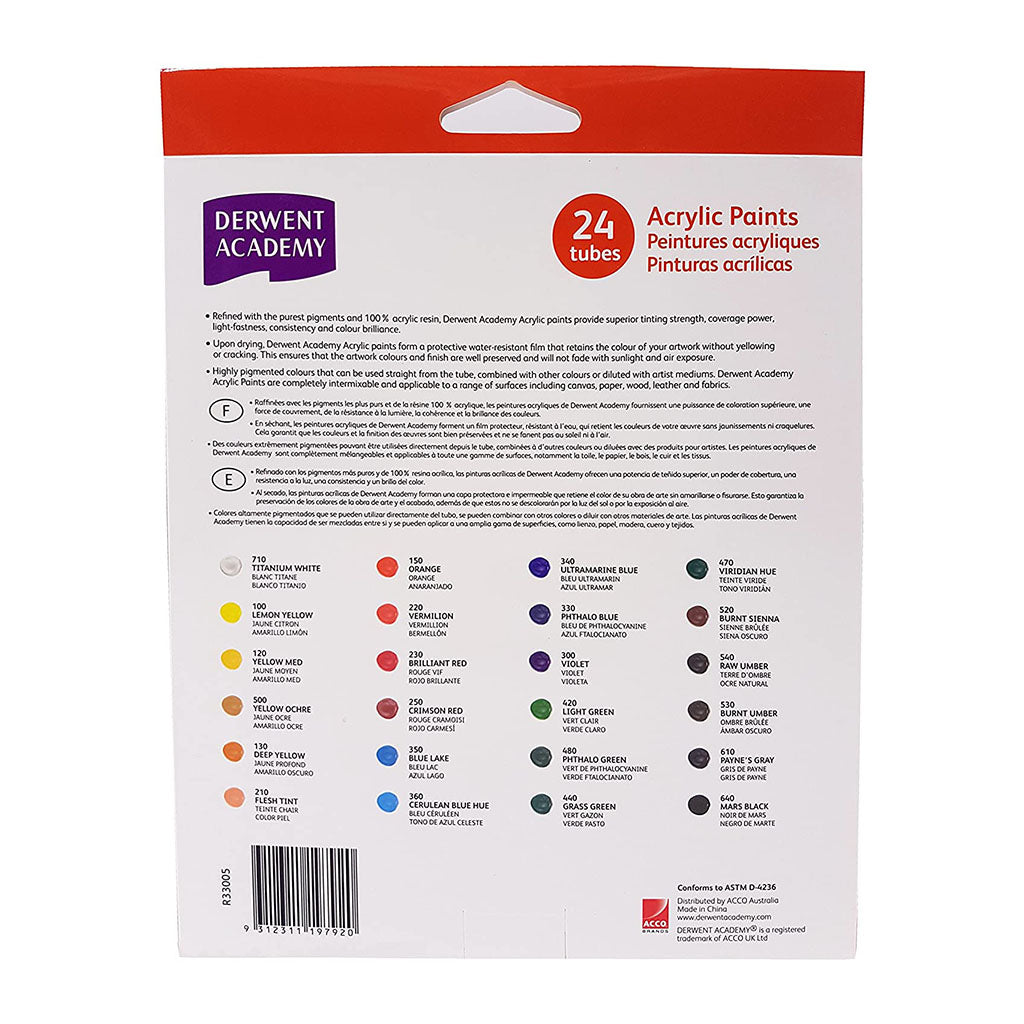 Derwent Academy Acrylic Paints 12ml - 24 Pack