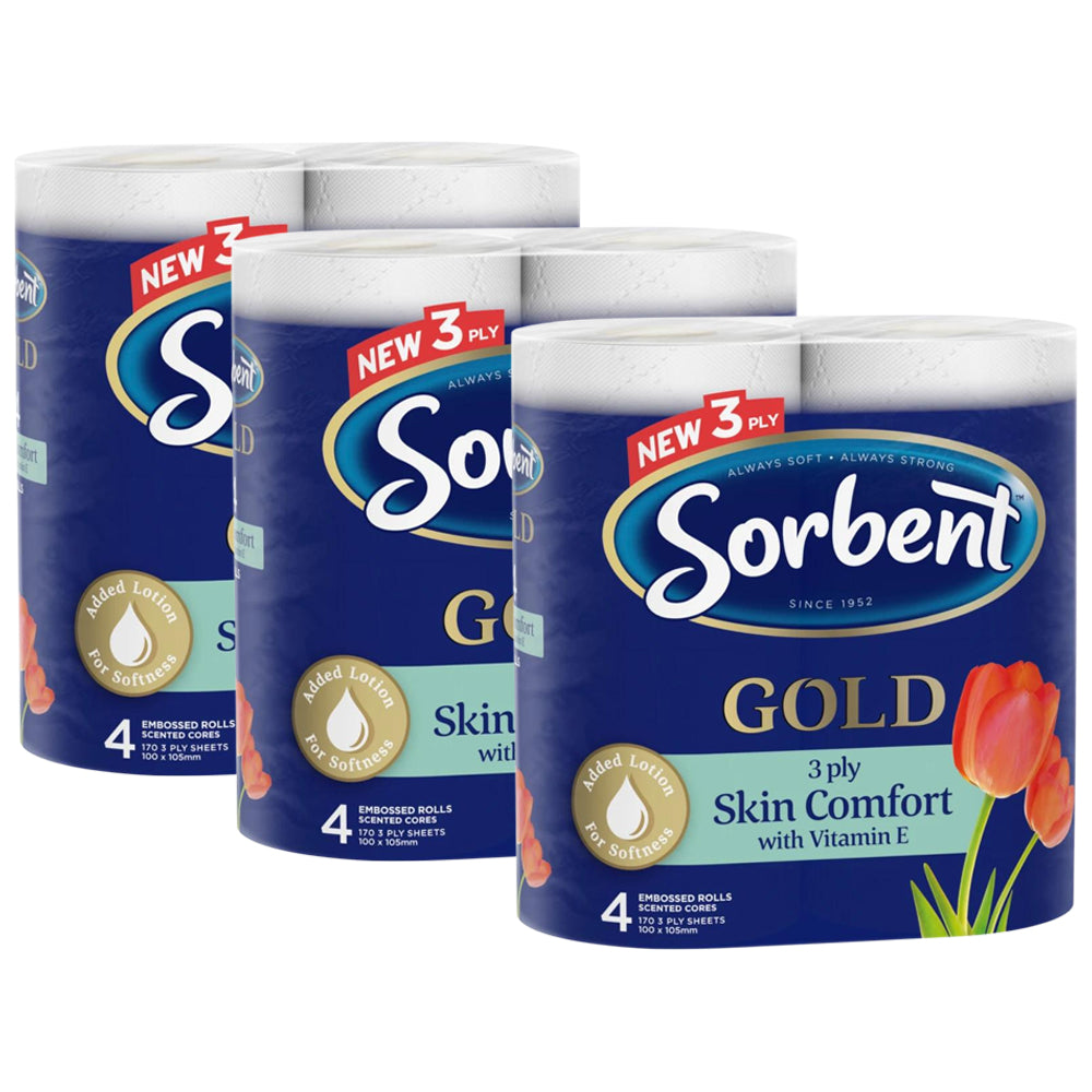 3 Pack x Sorbent Gold Skin Comfort with Vitamin E 3 Ply Toilet Paper Rolls