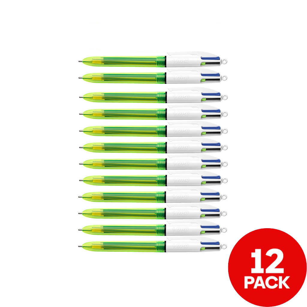 6 Pack x Bic 4 Colour Fluo Retractable Ballpoint Pen (2pc)