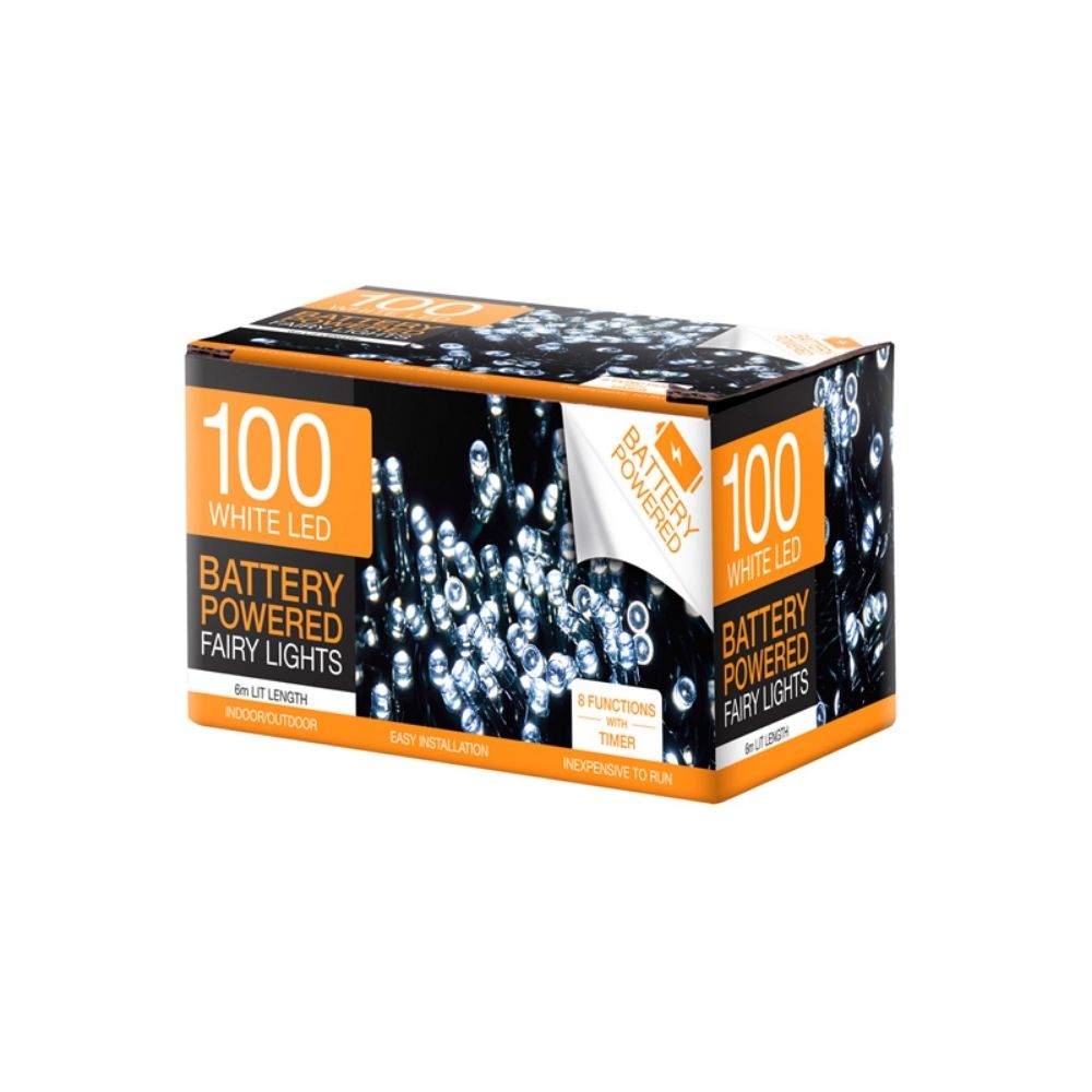 100 LED White Fairy Lights 8 Function with Timer 6m