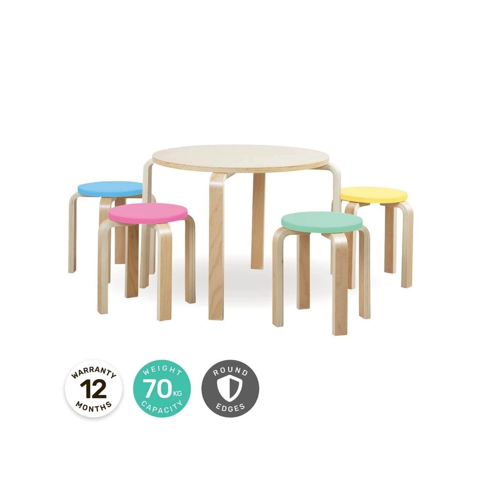 Home Master 5PCE Kids Wooden Table & Coloured Stools Set