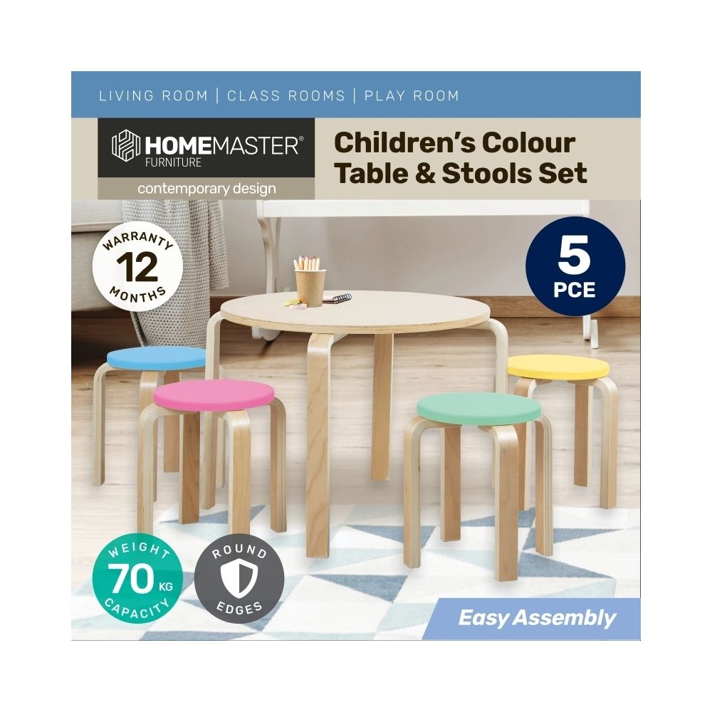 Home Master 5PCE Kids Wooden Table & Coloured Stools Set
